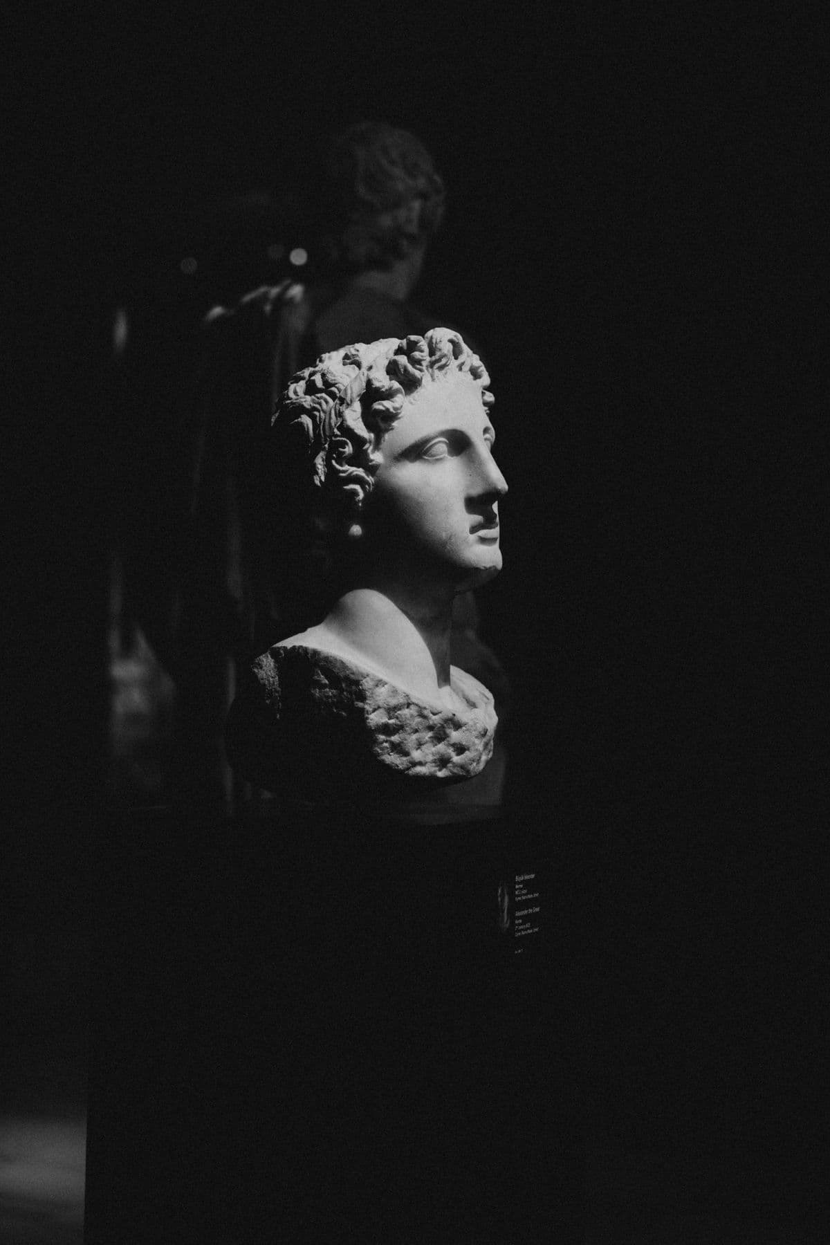 A finely detailed sculptural bust lit dramatically against a dark background