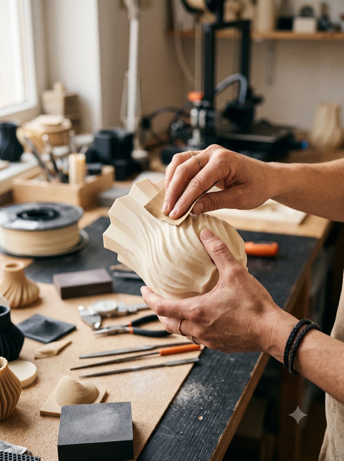 A hand sanding a freshly 3D-printed ribbed vase in the studio