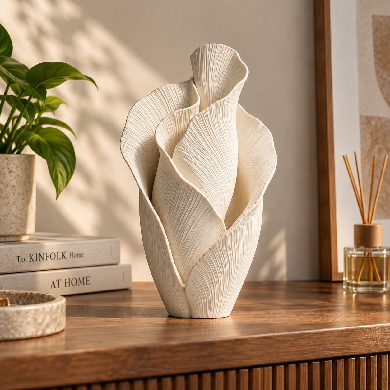 Abstract Floral Sculpture - White Textured Decorative, 3D Printed, 7 Inch